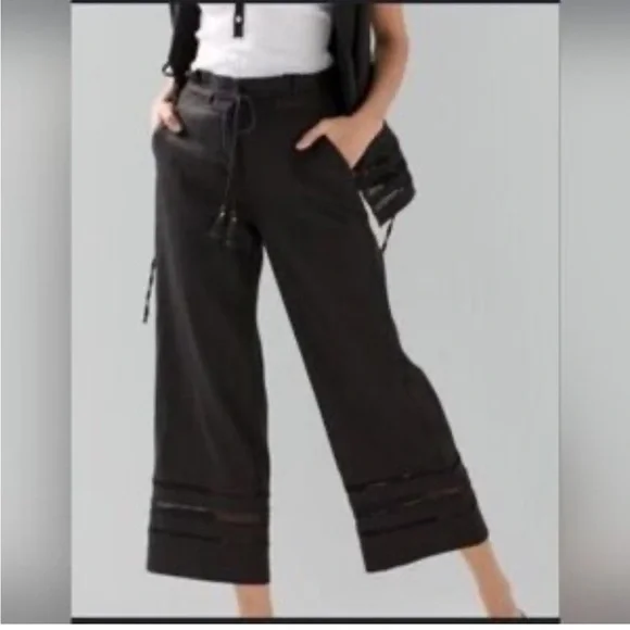 White House Black Market linen blend wide leg crop pants. Lace detail. EUC - Picture 1 of 15